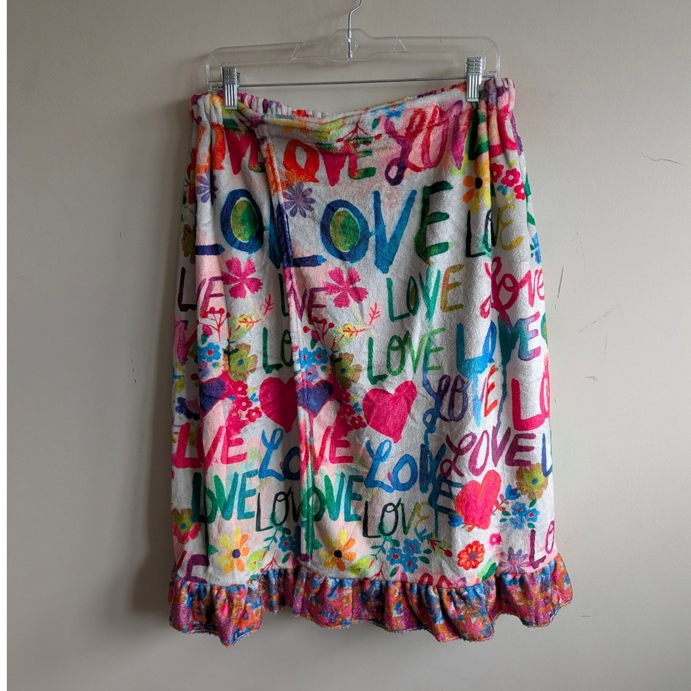 Natural Life Love Graffiti Spa Wrap Ruffle Hem Plush Towel Robe White L/XL - Picture 4 of 8